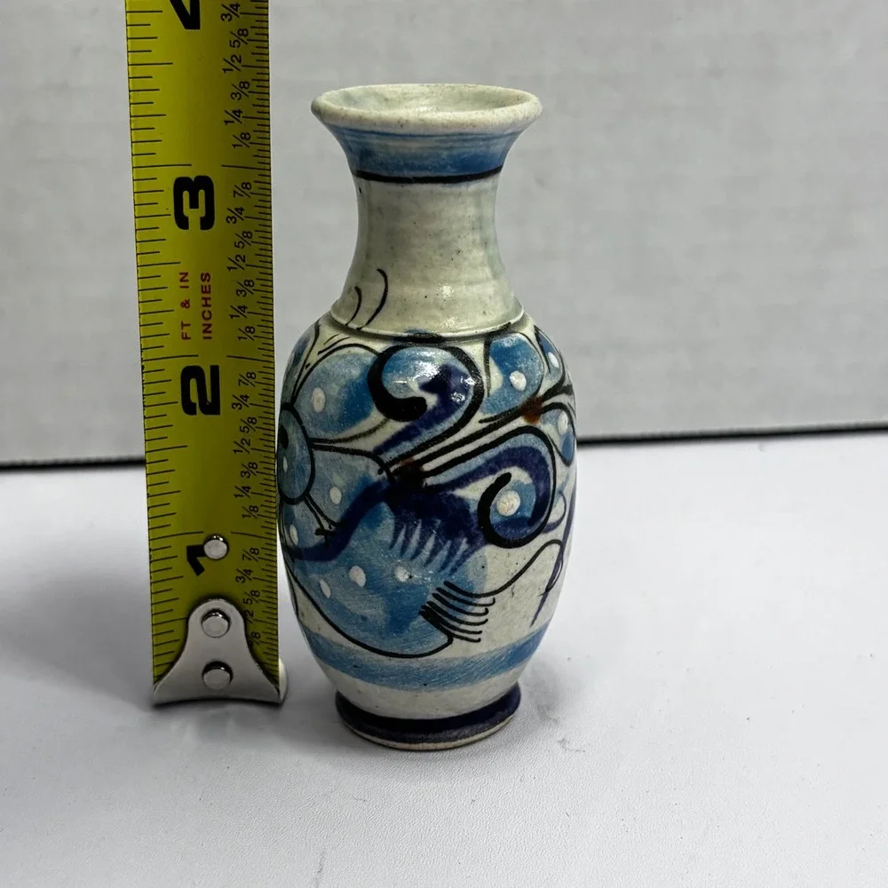 Vintage Mexican Pottery Bud Vase Blue White Hand Painted Bird Signed MEX JL 3.5